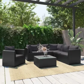 7 Piece Patio Lounge Set with Cushions Poly Rattan Black 7 Piece Patio Lounge Set with Cushions Poly Rattan Black
